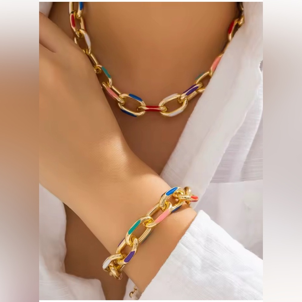 24k Gold  plated Multicolor Link Necklace & Bracelet Set New